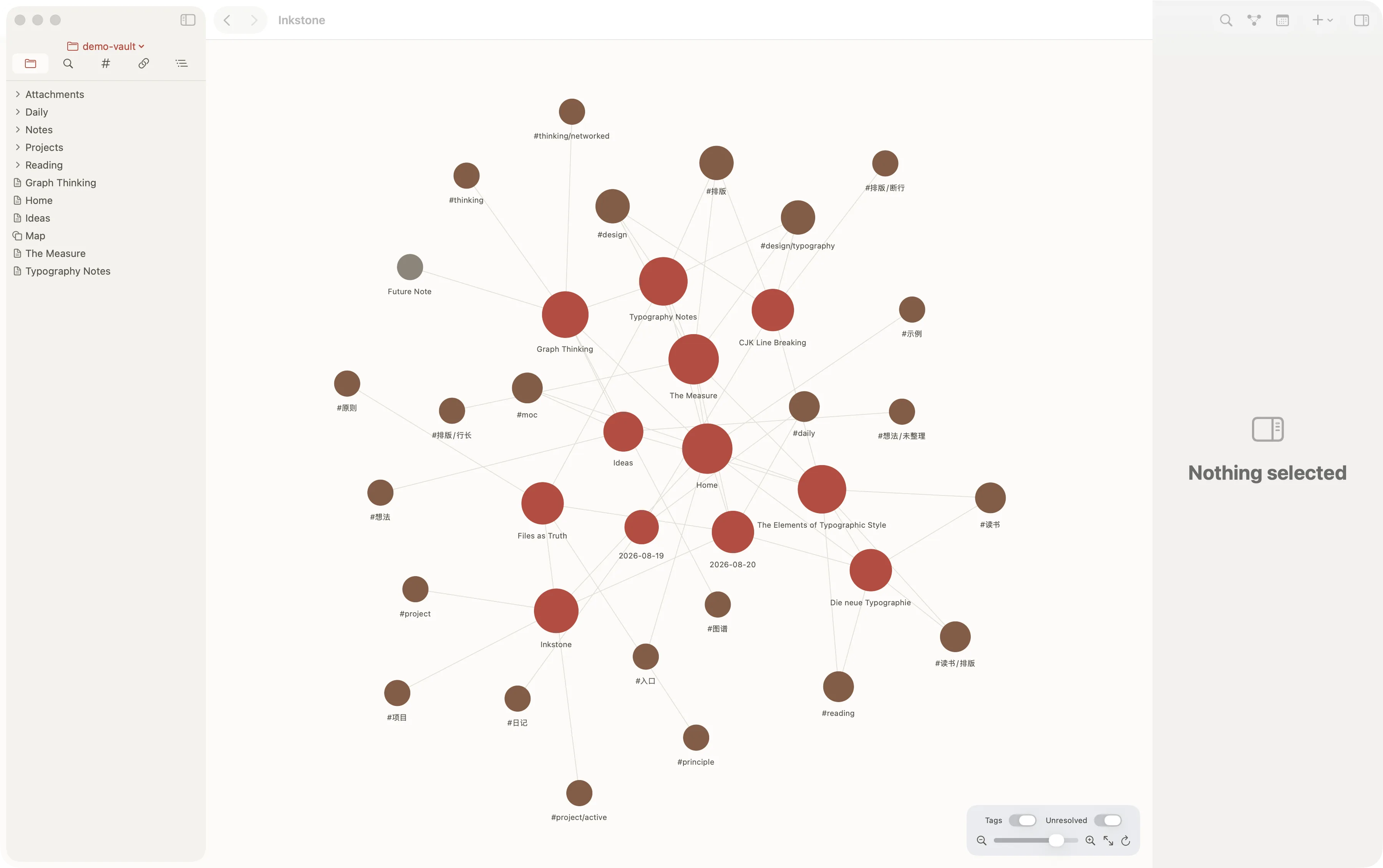 The graph view: notes as nodes joined by their wikilinks, clustered by how densely they reference one another.
