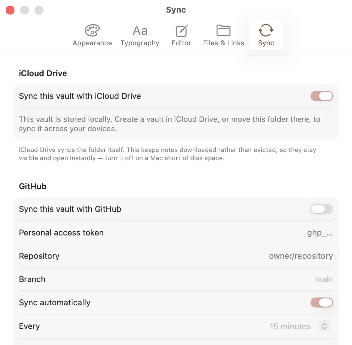 The GitHub sync settings: repository and branch pickers, and per-file-type switches deciding what is synchronised.